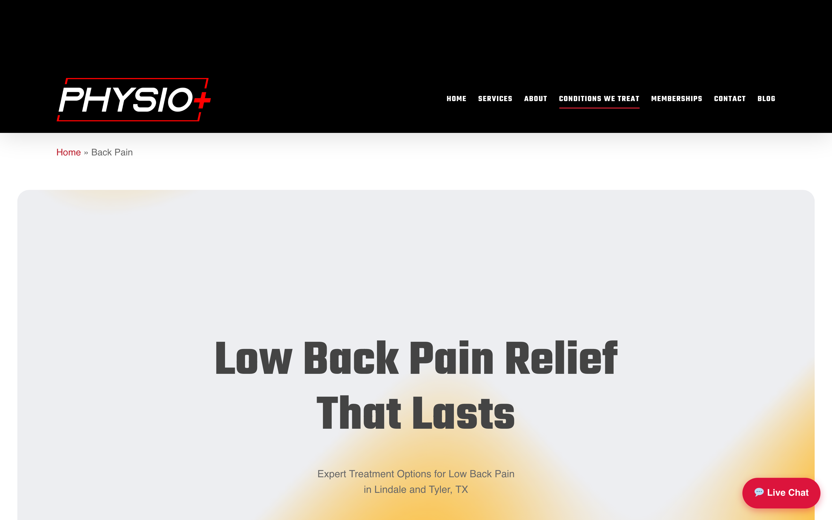 Original back pain page on physioplustx.com